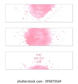 A set of watercolor print templates with a customizable text field, soft pink, suitable for web design, banners, invitations, gift cards and greeting cards. Hand drawn, vector illustration.