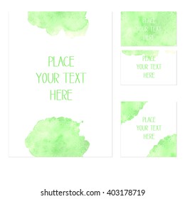 A set of watercolor print templates with a customizable text field for your own text, suitable for business cards, invitations, prints, greeting cards. Vector illustration. Hand drawn.