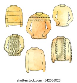 Set of watercolor pullovers on white background
