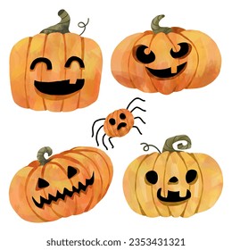 Set of Watercolor Pumpkins. Jack O’Lantern. Watercolor Halloween Pumpkin Painting style Vector