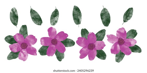 Set of watercolor purple flowers and green leaves elements.