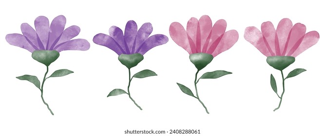 Set of watercolor purple flowers and green leaves elements.