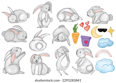 Set of watercolor rabbit cute isolated on white backhround. chinese new year, easter celebration, mid autumn element