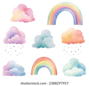 Set of watercolor rainbow clouds. Fantasy pastel color. Vector nursery elements