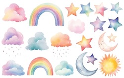 Set Of Watercolor Rainbow Clouds Sun Moon Stars. Fantasy Pastel Color. Vector Nursery Elements