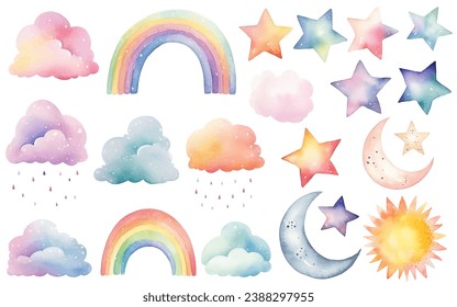 Set of watercolor rainbow clouds sun moon stars. Fantasy pastel color. Vector nursery elements