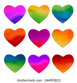 Set of watercolor rainbow hearts design. Vector illustration.