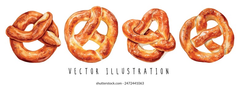 Set von Aquarell realistische Brezel-Bäckerei-Vektorillustration-Design isoliert auf weißem Hintergrund. Backwaren-Produkt-Aquarell-Brezel. Deutsches Oktoberfest. Vektorillustration	