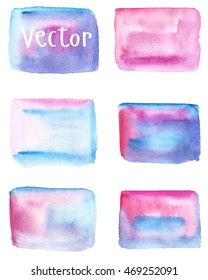 Set of watercolor rectangles. Watercolor background. Blue, red, pink, purple. Vector.