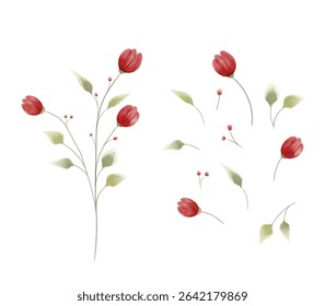 Set of watercolor red flowers and green leaves elements. Collection botanical vector isolated on white background suitable for Wedding Invitation, save the date, thank you, or greeting card.