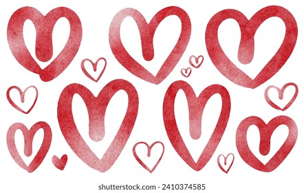 Set of watercolor red hearts for decorating beautiful cards, wedding and Valentine’s Day. Hand drawn Illustration isolated on white background.