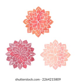 Set of watercolor red and pink stylized lotus flowers, mandala, oriental circled pattern on white background, vector illustration