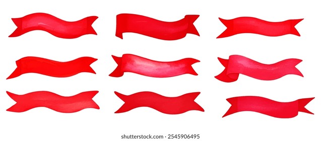 Set of watercolor red ribbon banners png. Elements of red ribbons watercolor on isolated background. Vector illustration.