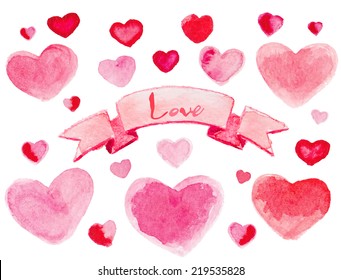 Set of watercolor red-pink little hearts with ribbon. Vector illustration.