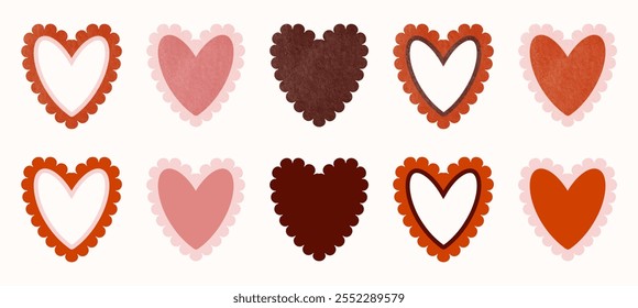 Un conjunto de acuarela y corazones regulares en varios diseños. Delicados diseños de corazón para el día de San Valentín. Amor, sentimientos, emociones. Corazones de acuarela de Vector