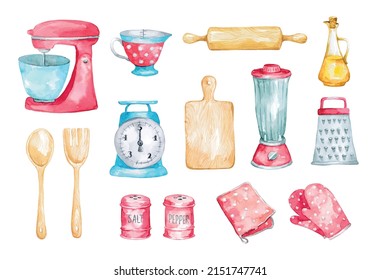 Set of watercolor retro kitchen utensils