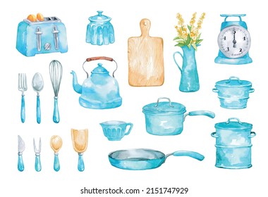 Set of watercolor retro kitchen utensils