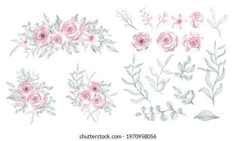 set of watercolor roses pink petal green leaf and wild flower valentine decorative