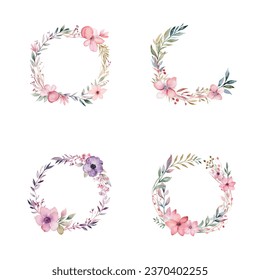 set of watercolor round flower frame illustrations, template wedding invitation card 