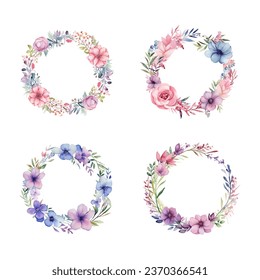 set of watercolor round flower frames, rose flowers vector design round invitation frame 