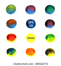 Set of watercolor round spots for text and design, mix of different colors in each circle