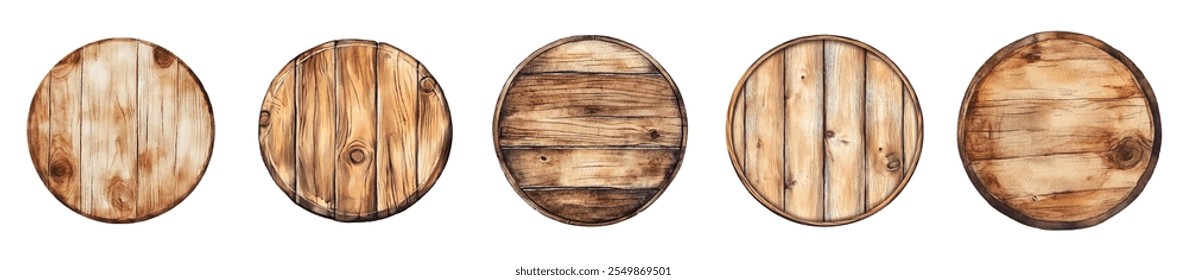 Set of watercolor round wooden round plates png. Wooden board texture. Round frame with drake texture on transparent background. Wooden signboard or plank for banner message.