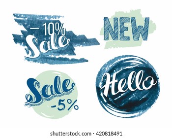 set of watercolor sale and discount labels. hand drawn splash  textures.