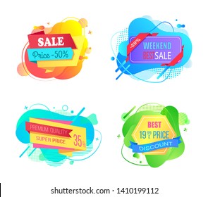 Set of watercolor sale labels on abstract liquid shapes isolated. Mega discounts and final price, special offer percent off promo adverts on color tags