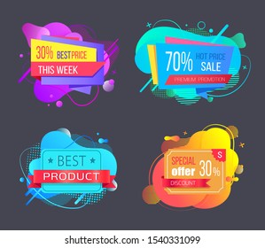 Set of watercolor sale labels on abstract liquid shapes isolated. Mega discounts and final price, special offer percent off promo adverts on color tags