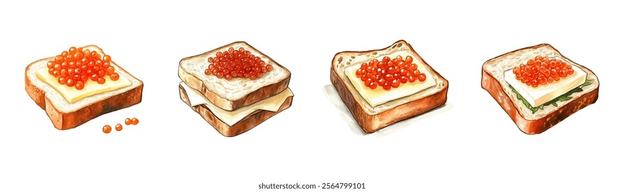 Set of watercolor sandwiches with red caviar. White bread with butter and red lightly salted salmon caviar. Sandwiches with seafood. Vector illustration.