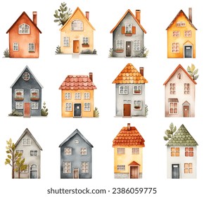 Set of watercolor scandinavian houses clipart. Trendy scandi vector houses. Cute childish european buildings. 