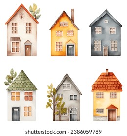 Set of watercolor scandinavian houses. Cute childish european buildings. Trendy scandi vector elements