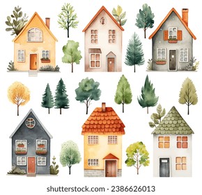 Set of watercolor scandinavian houses and trees. Cute childish buildings isolated. Trendy scandi vector elements