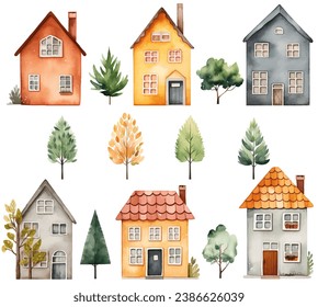 Set of watercolor scandinavian houses and trees. Cute childish buildings isolated. Trendy scandi vector elements