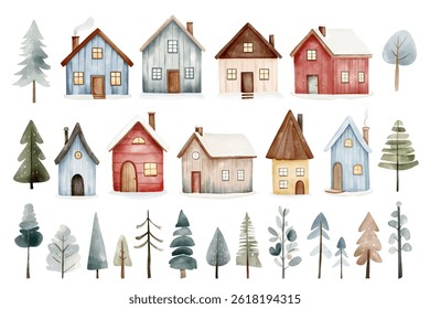 Conjunto de casas escandinavas aquarela e árvores. Belas casas de fadas do norte. Ilustração infantil desenhada à mão