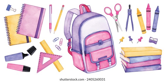 A set of watercolor school supplies vector clipart. students stationery and learning tools like backpack, pens and pencils, rulers, books, notebooks, wax crayons, markers ..ect 