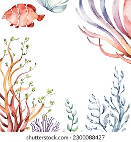 Set of watercolor sea corals illustration for wedding invitation