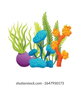 Set of watercolor seaweed and corals isolated on white background. Underwater algae. Aquarium plants collection. Vector marine life. Vector isolated corals and algae. Underwater flora