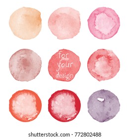 Set of watercolor shapes. Watercolors blobs. Set of colorful watercolor hand painted circle isolated on white. Illustration for artistic design. Round stains, blobs of different color