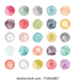 Set of watercolor shapes. Watercolors blobs. Set of colorful watercolor hand painted circle isolated on white. Illustration for artistic design. Round stains, blobs of different color