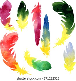 set of watercolor silhouette feathers by different colors, hand drawn vector illustration