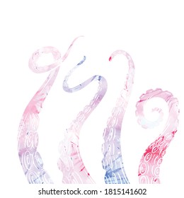 Set of watercolor silhouette sketches octopus tentacles with splashes. Creepy limbs of marine inhabitants. Vector object for logos, tattoos, cards and your design.