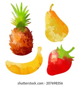 Set watercolor silhouettes fruit and berries isolated on a white background. Pineapple, banana, strawberry, pear - vector 
