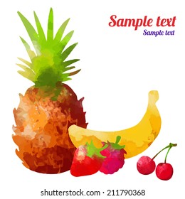 Set watercolor silhouettes fruit and berries isolated on a white background. Pineapple, banana, strawberry, raspberry, cherry - vector 