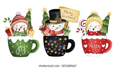 Set Of Watercolor Snowman In Christmas Cup 