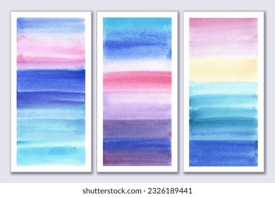 Set of watercolor soft gradient art posters. Wall canvas design. Abstract landscape. Sea, ocean view, sky. Calm bright colors. Interior art.