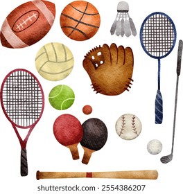 Set of Watercolor Sport Equipment Element