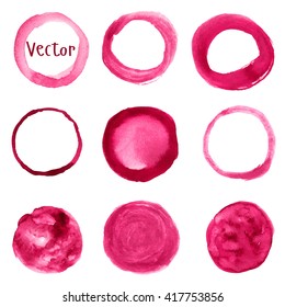 Set of watercolor spots, frames. Spots on a white background. Round. Pink. Vector.