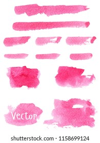 Set of watercolor stain. Spots on a white background. Watercolor texture with brush strokes. Spot, strip, rectangle. Rose, red. Abstraction. Rose. Vector. Isolated.