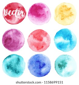 Set of watercolor stain. Spots on a white background. Watercolor texture with brush strokes. Round, circle. Red, orange, yellow, bodonic, pink, turquoise, blue. Isolated. Vector.